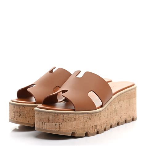 HERMES Calfskin Cork Eze 30 Sandals 38 Marron Glaise